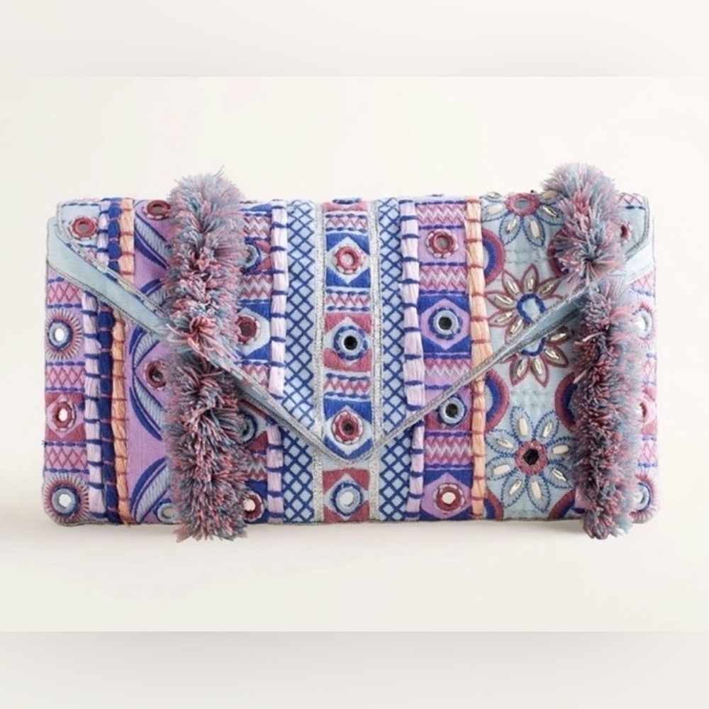 Chico's Mosaic Print Bead Embellished Clutch Snap Button Envelope Bag
